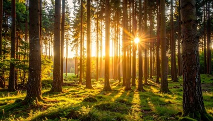 Golden sunlight streams through a dense forest