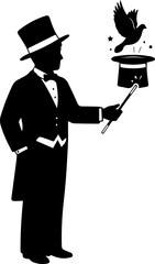 Dapper magician conjures a dove from a top hat with a magical wand, captivating audiences with wonder.