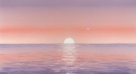 Watercolor sunset over the ocean with a bird flying in the pink and purple sky
