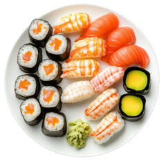 Sushi on a plate seafood rice meal, A beautifully presented plate of sushi, showcasing various seafood and rice combinations for a delightful meal, isolated on transparent background