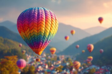 Fototapeta premium Vibrant rainbow hot air balloon over a scenic mountain town at dawn.