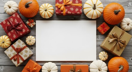 Fototapeta premium Autumn pumpkins and gift boxes arranged around blank white sheet on rustic wood, seasonal holiday concept for Thanksgiving, fall parties, greeting card. Top view