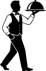 Elegant waiter serving gourmet meal with covered platter, professional hospitality service