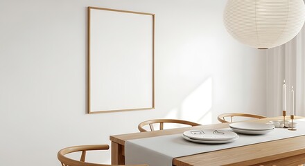 Empty framed picture on a wall above a dining table with plates ready