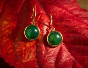 Golden earrings with emerald-green gemstones on red leaf backdrop