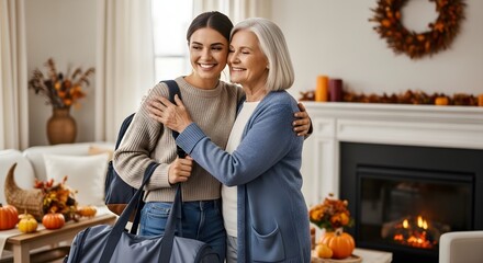 Granddaughter arriving and hugging grandmother in cozy decorated living room with fireplace and pumpkins, Thanksgiving family reunion concept, warm, festive, home