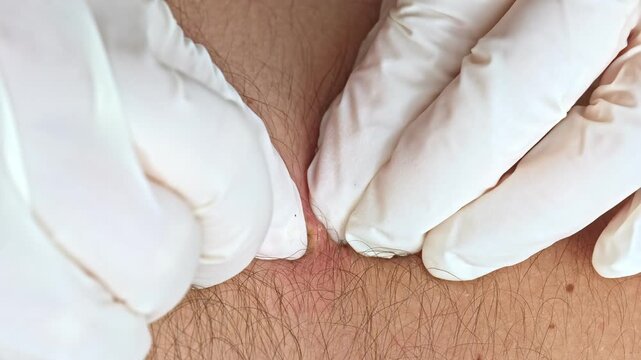 Dermatology Nurse Practitioner Cosmetician Squeezing Pimple Furuncle from Patient Skin