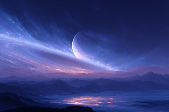 exoplanet moon exploration, an exomoon orbiting a gas giant with a ring system, similar to earth, hosts extraterrestrial life in a beautiful setting