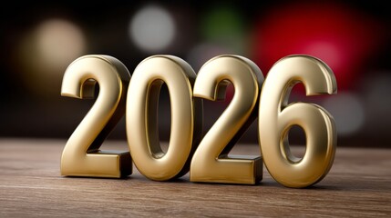Golden 2026 numbers on wooden surface with blurred background
