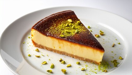 Fototapeta premium Popular Spanish Dessert Called San Sebastian Cheesecake It Also Known As Burnt Cheesecake One Piece Of This Dessert On White Background With Pistachio Glaze On It