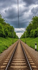Empty straight railroad track vanishing in distance between green trees line under dramatic cloudy sky outdoor.