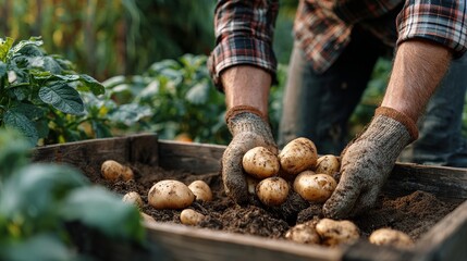 Harvesting fresh organic potatoes in garden, farmer's hands digging into rich soil, homegrown produce