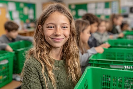 Happy schoolgirl with freckles smiling in a classroom near green crates. - Powered by Adobe