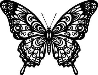 Elegant black butterfly silhouette with intricate ornamental wing patterns, symbolizing transformation and beauty.
