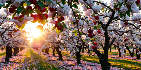 A peaceful and serene orchard of blooming cherry trees bathed in the soft, warm light of golden hour