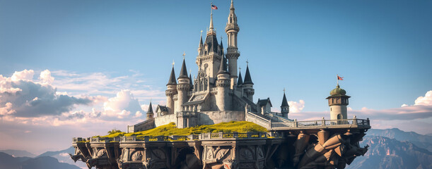 An intricately designed, ornate castle perched on a floating island high above the clouds