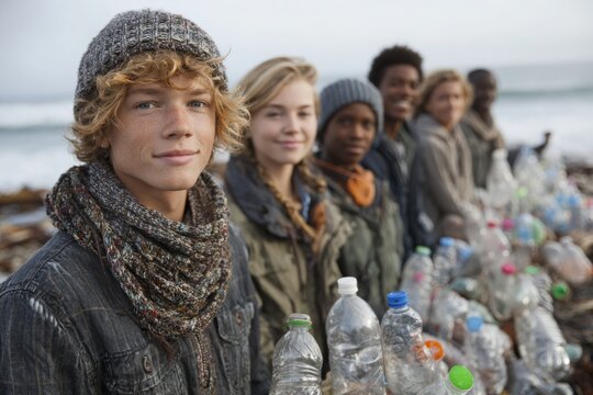Smiling youth volunteers with collected plastic bottles after a dedicated beach cleanup.