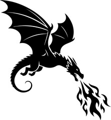 Dynamic black dragon unleashes fiery breath, powerful fantasy creature soaring through the sky