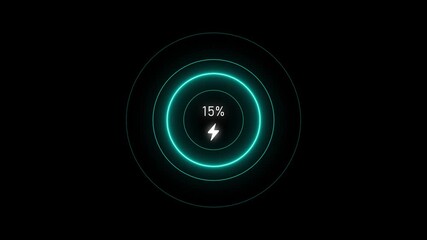 Battery loading screen at 15%, screen cell phone display while battery charging system. Circle loading interface displaying, on a black background. 4k