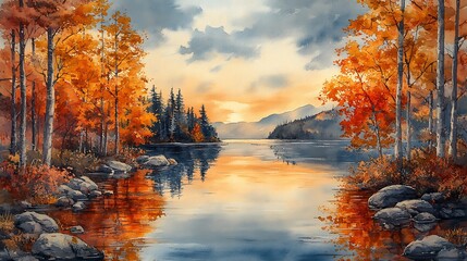 Autumn lake sunset landscape painting