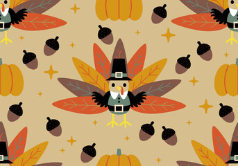 Turkey and pumpkin cartoon Thanksgiving pattern. Thanksgiving day seamless pattern