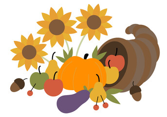 Thanksgiving Day horn of plenty.  Horn of plenty with seasonal fruits and vegetables