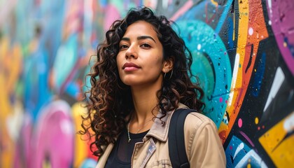 Woman with curly hair in front of a colorful graffiti wall