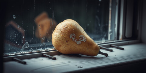 A Single Ripe Pear on a Weathered Log