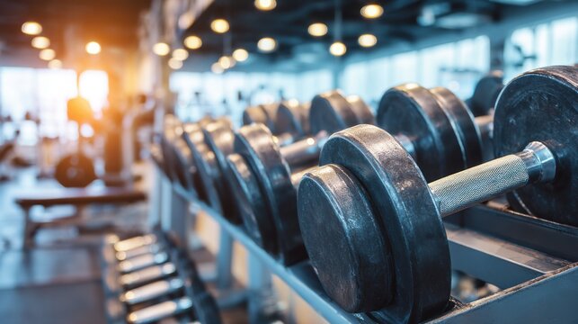 In a modern gym heavy dumbbells are arranged neatly in front of large windows. The morning sunlight floods the space creating a motivating atmosphere for fitness enthusiasts.