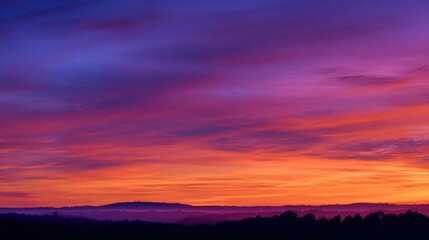 Fototapeta premium A stunning display of vibrant colors fills the evening sky as the sun sets beyond rolling hills creating a serene and peaceful atmosphere for nature lovers.