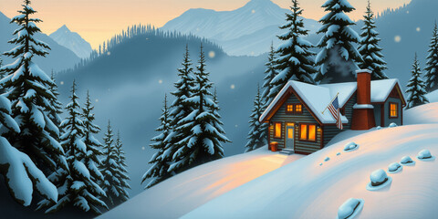 A Snowy Mountain Cabin Nestled Among Pine Trees