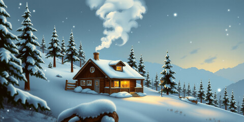 A Snowy Mountain Cabin Nestled Among Pine Trees