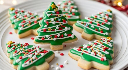 Festive Christmas Tree Sugar Cookies Decorated with Green Icing, White Drizzle, and Colorful Sprinkles &ndash; Holiday Treats Perfect for Christmas Parties, Dessert Tables, and Seasonal Celebrations

