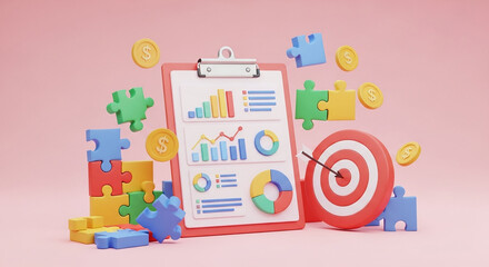 Business strategy data analysis with charts and target reaching for successful financial growth and puzzle solving elements showing problem solving and teamwork on pink background
