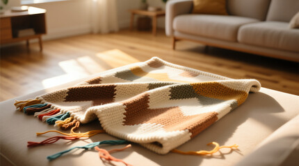 Cozy knitted blanket with colorful patterns on a modern couch  