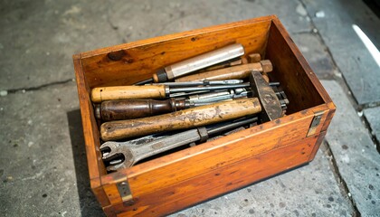 Wooden toolbox filled with assorted tools