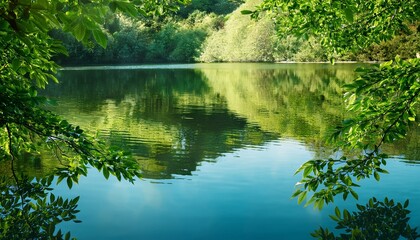 Tranquil Water Reflection With Green Foliage