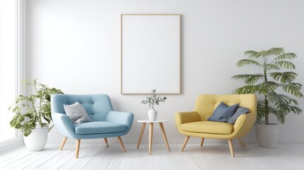 Two vibrant armchairs in blue and yellow are arranged around a small white table with a decorative vase. Lush green plants enhance the bright and inviting living space.