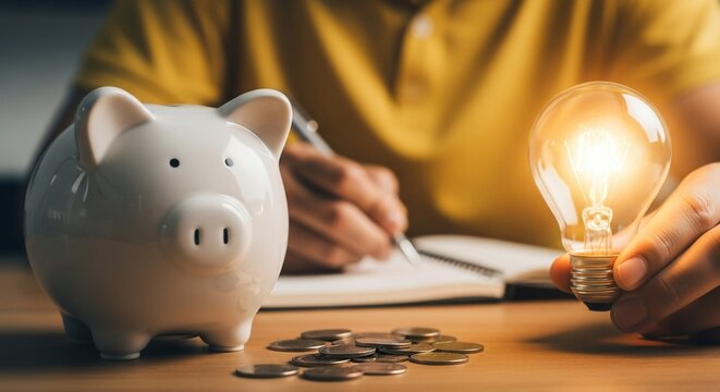Smart financial planning with a piggy bank, glowing idea bulb, and coins, inspiring savings and innovation