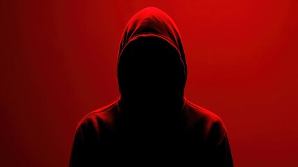 A dark silhouette of a person wearing a hoodie contrasts sharply with a vivid red background. The lighting creates a dramatic and enigmatic atmosphere evoking suspense.