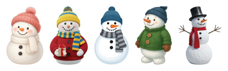 Festive snowman set including cute characters with hats, scarves, and accessories isolated. Winter holiday decorations and seasonal elements.