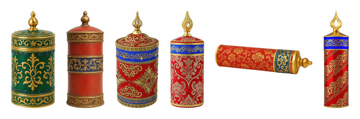 Ornate decorative vessels set including lidded jars, urns, and scroll forms isolated. Rich cultural decor and luxury embellishments.