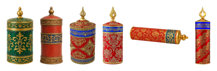 Ornate decorative vessels set including lidded jars, urns, and scroll forms isolated. Rich cultural decor and luxury embellishments.