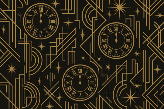 Elegant art deco pattern featuring golden clocks and geometric designs on a dark background