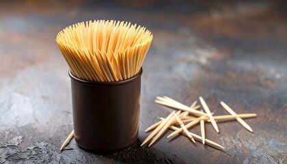 Wooden toothpicks in a container on a textured surface