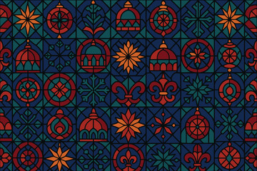 Intricate stained glass pattern featuring geometric shapes and floral motifs in warm hues