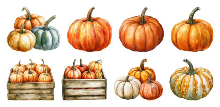PNG Watercolor pumpkins autumn harvest collection, element set on transparent background