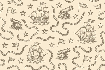Vintage nautical seamless pattern featuring sailing ships cannons stars and ropes © Md Abdul Latif
