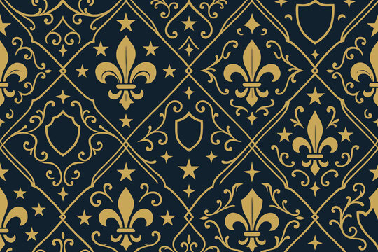 Elegant gold fleur de lis and shield pattern on dark blue background