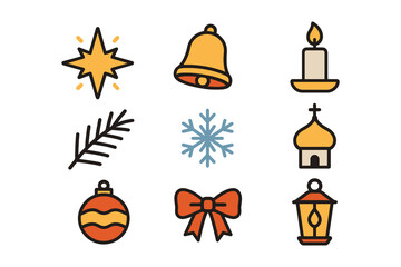 Festive christmas icons featuring ornaments stars bells candles and more